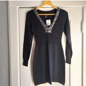 Mango Suit NWT Black Long Sleeve V-Neck Knit Dress w/ Sequin Neck Detail Size S